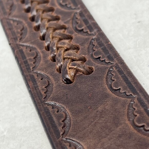 Vintage Leather Belt Size Medium Woven Tooled Waist Buckle Adjustable Brown - Picture 7 of 9